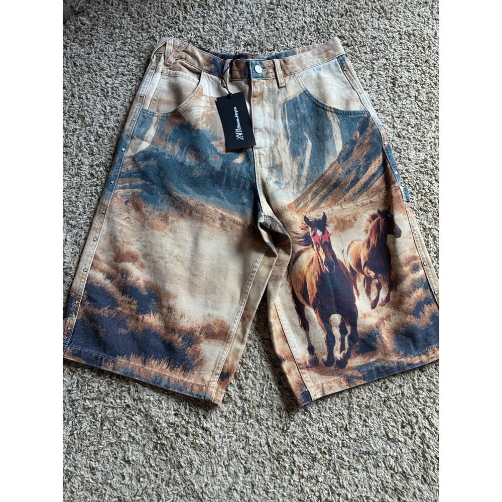 Zara X TwoJeys Limited Edition Collab Baggy Fit Denim Shorts Horse US Sz 29